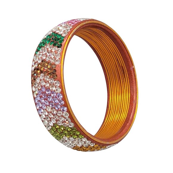 Encrusted Rhinestone Bangle Bracelet Copper Colored Metal Multicolored - Picture 7 of 10